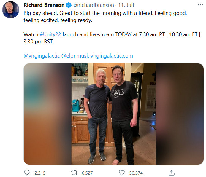 Elon Musk fliegt mit Branson-Raumschiff ins Weltall