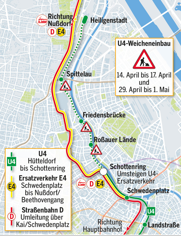 U4-Sperre zu Ostern: Zug fährt nur bis Schottenring