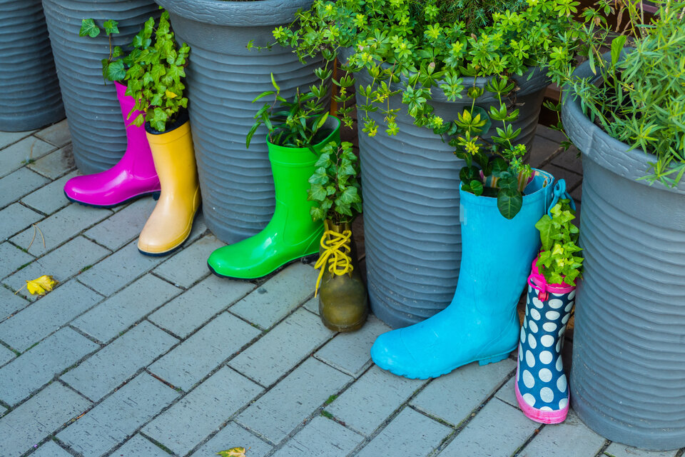 Ausrangierte Gummistiefel wuchern hier als originelle Deko.