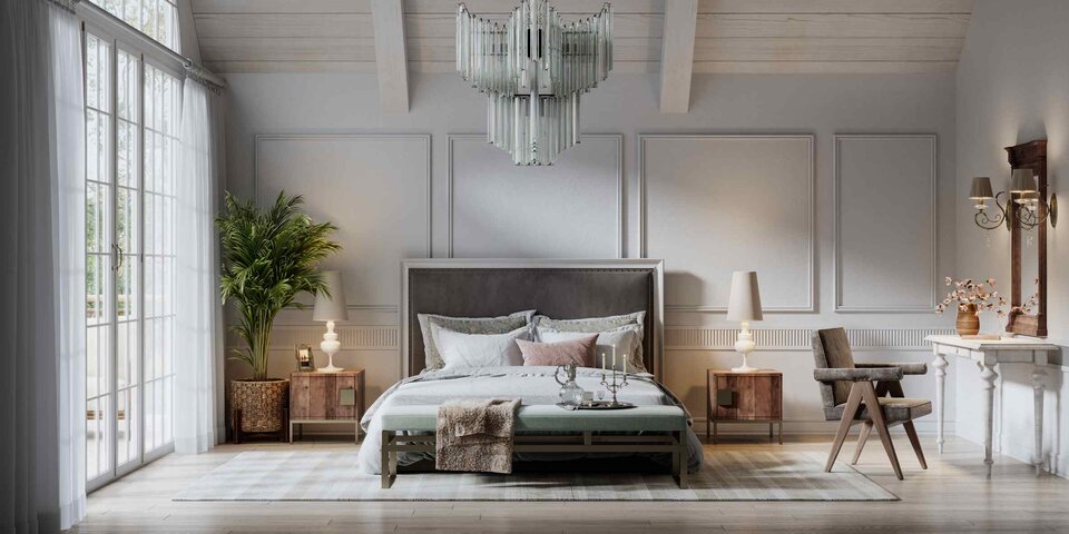 Schlafzimmer mit großem Bett und Schminktisch