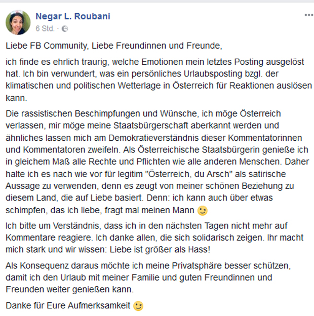 Negar Roubani Facebook-Posting