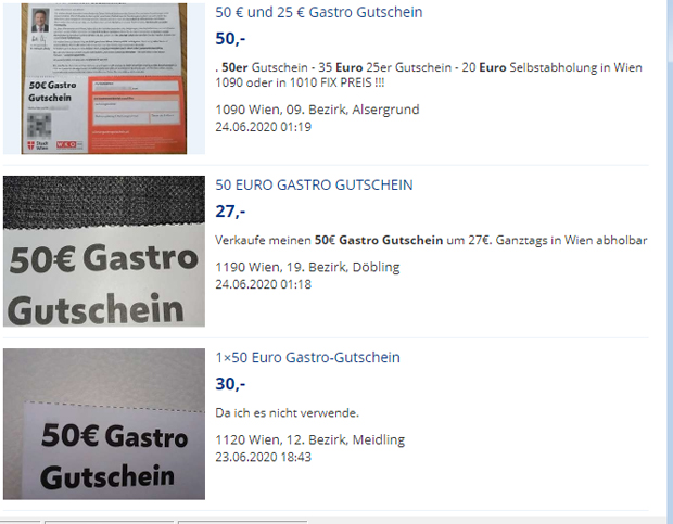 Erste Gastro-Gutscheine werden auf Willhaben verscherbelt