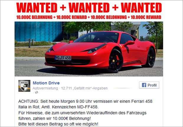 200.000 € Ferrari von Autovermieter geklaut