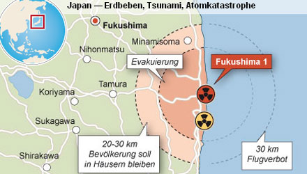 Zonen um den Reaktor Fukushima