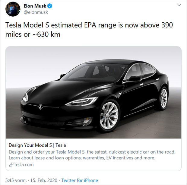 Tesla Model S jetzt mit 630 km Reichweite
