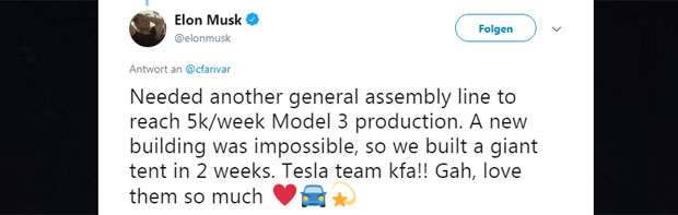 Tesla baut Model 3 jetzt in einem Zelt