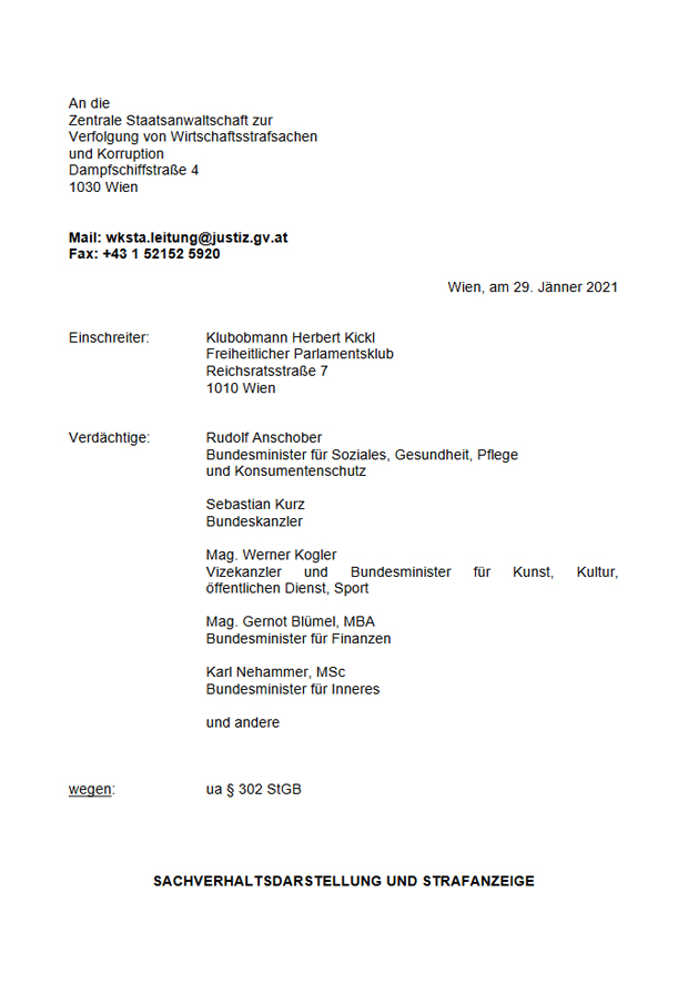 FPÖ bringt Strafanzeige gegen gesamte Bundesregierung ein