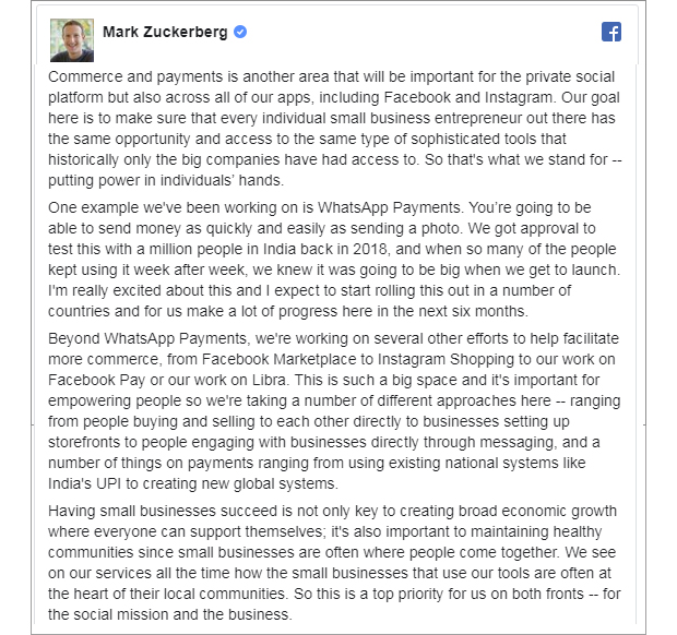Zuckerberg startet WhatsApp-Bezahlfunktion